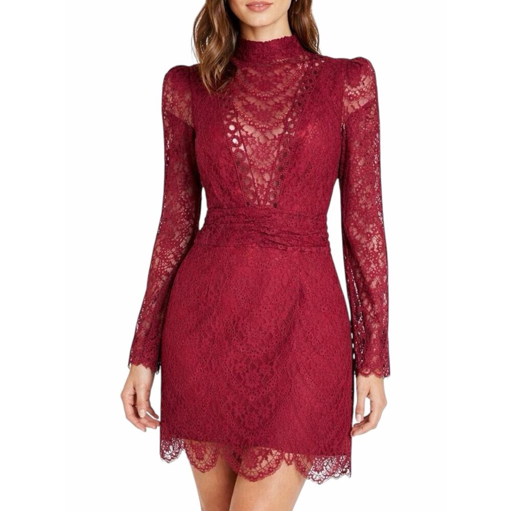 Saylor Celia Puff Shoulder Lace Mini Dress Russet Orange Size XS